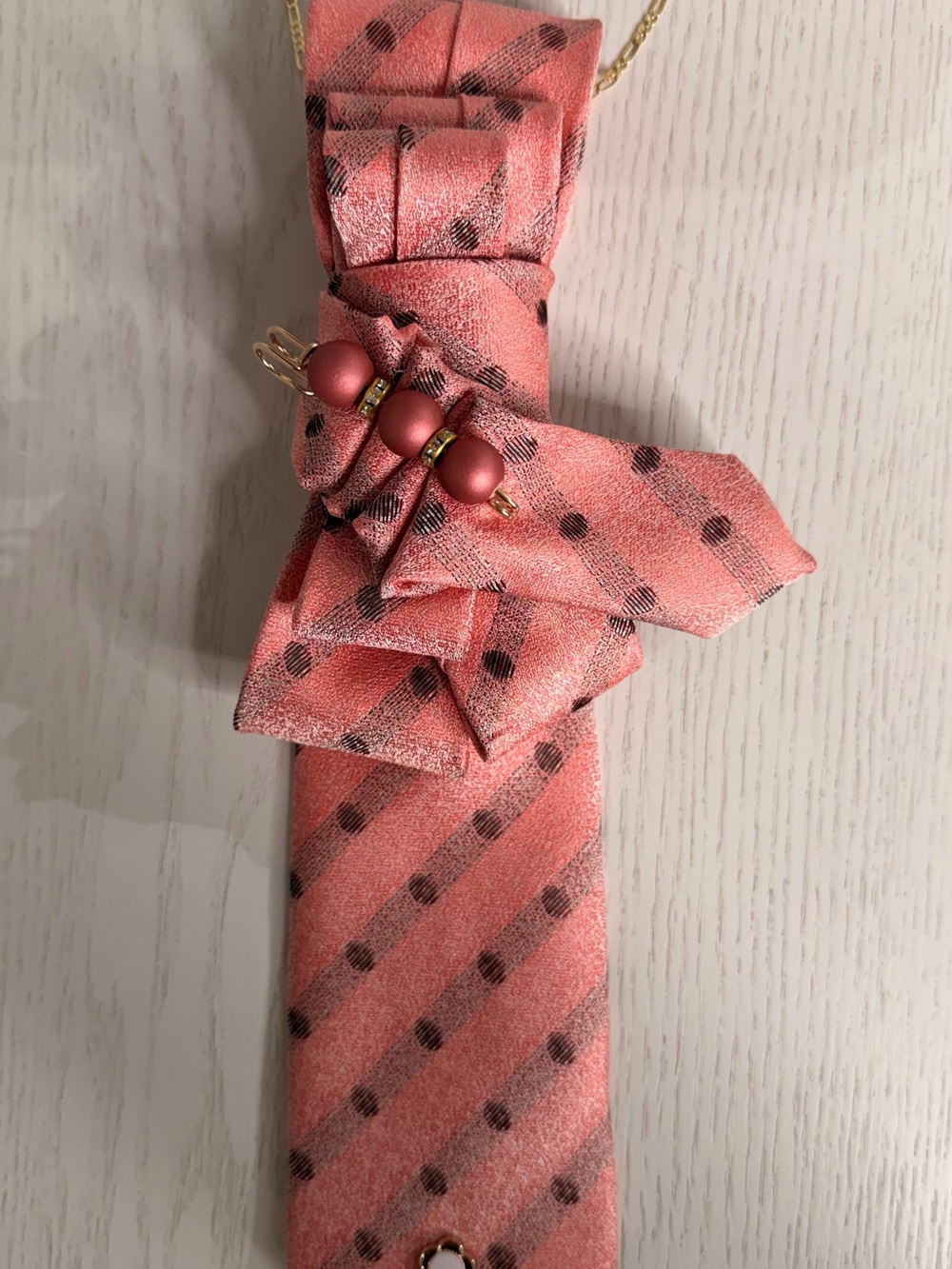Coral Pink Polka Dot Bow Pendant Necklace - Unbranded